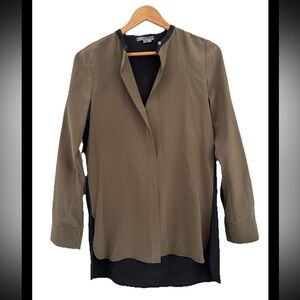 Vince 100% Silk Olive Green and Black Colorblock Blouse 2 EXCELLENT